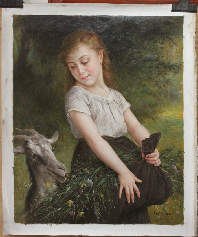 Emile Munier girl and sheep oil on linen canvas 24"x30"