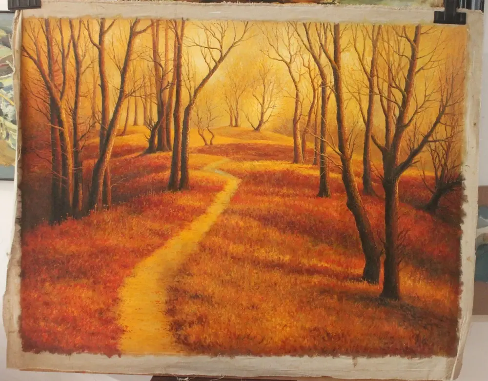 Landscape oil painting on canvas forest path in Autumn 36"x48"