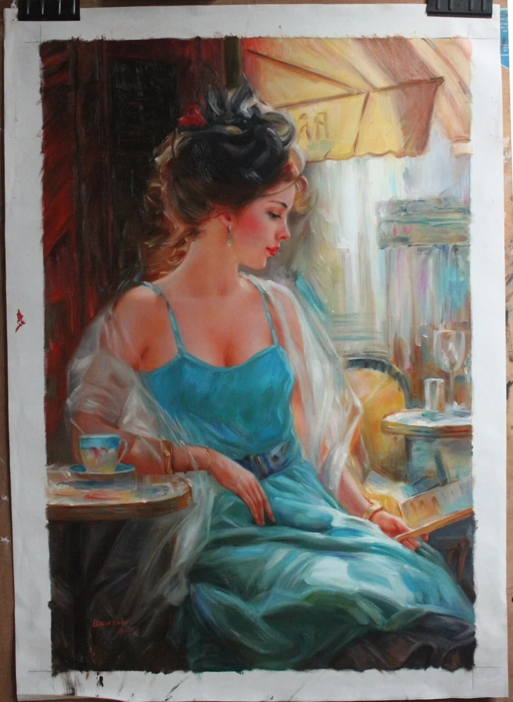 modern art oil painting beautiful girl cup of tea cafe Repro on canvas 61x91cm 