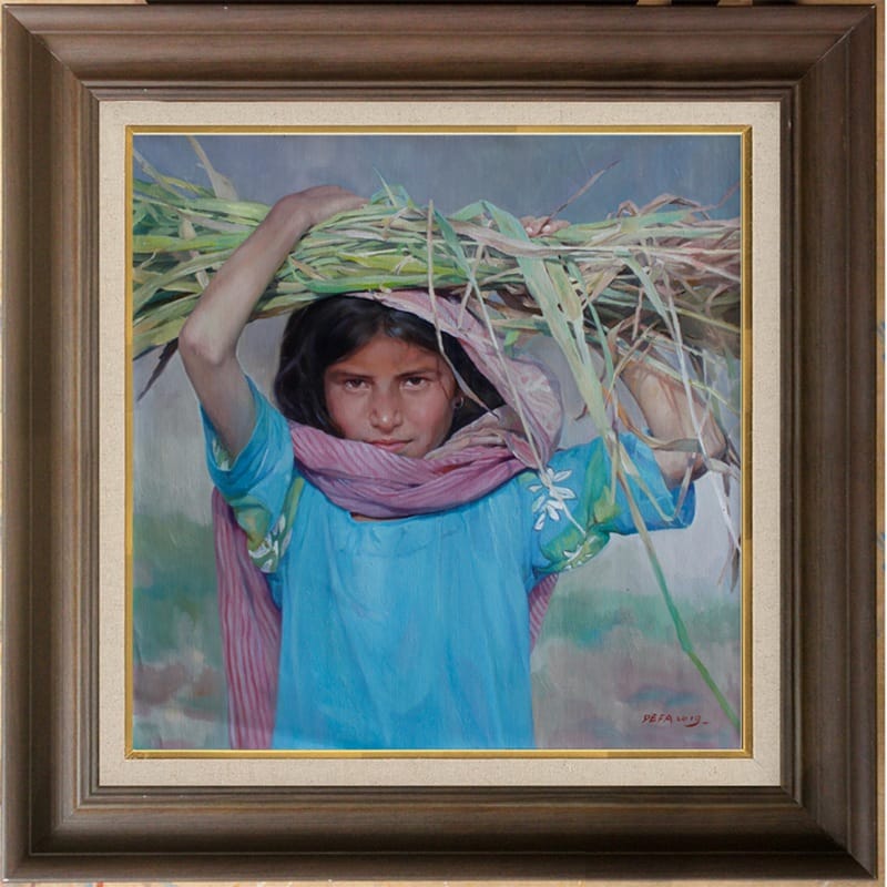 artwork portrait Nepali girl carrying thatch original oil on canvas framed sample