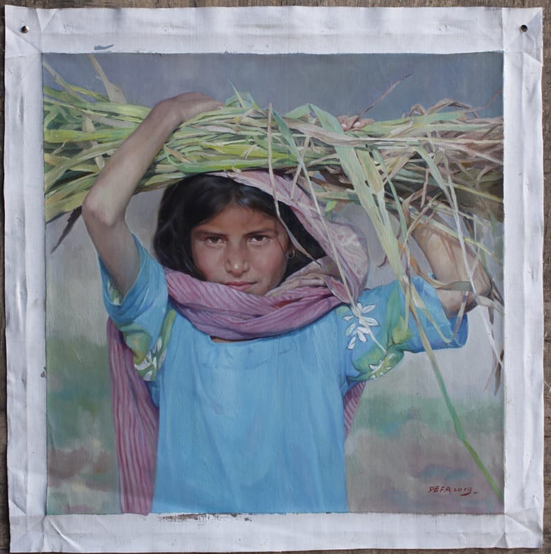 artwork portrait Nepali girl carrying thatch original oil on canvas