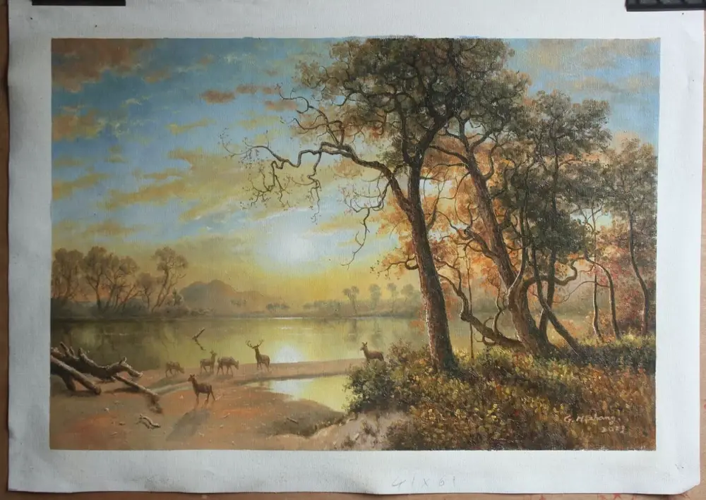Albert Bierstadt landscape deer lake sunlight oil painting on canvas