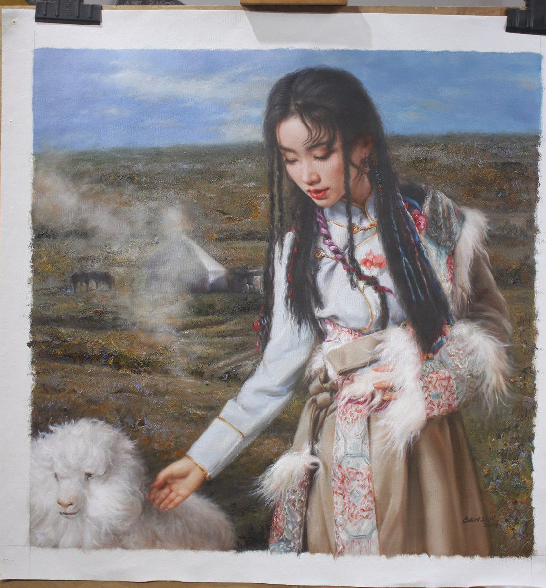Tibetan shepherdess portrait original oil painting on canvas 28"x28"