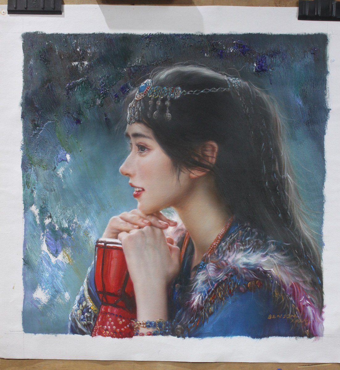 Tibetan girl portrait original oil painting on canvas 20"x20"
