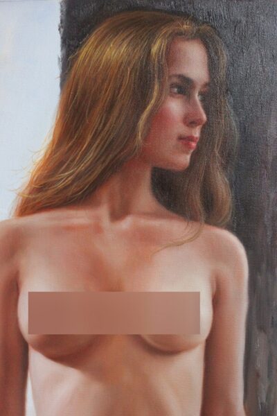 fine art body portrait original oil painting female nude girl by the tree