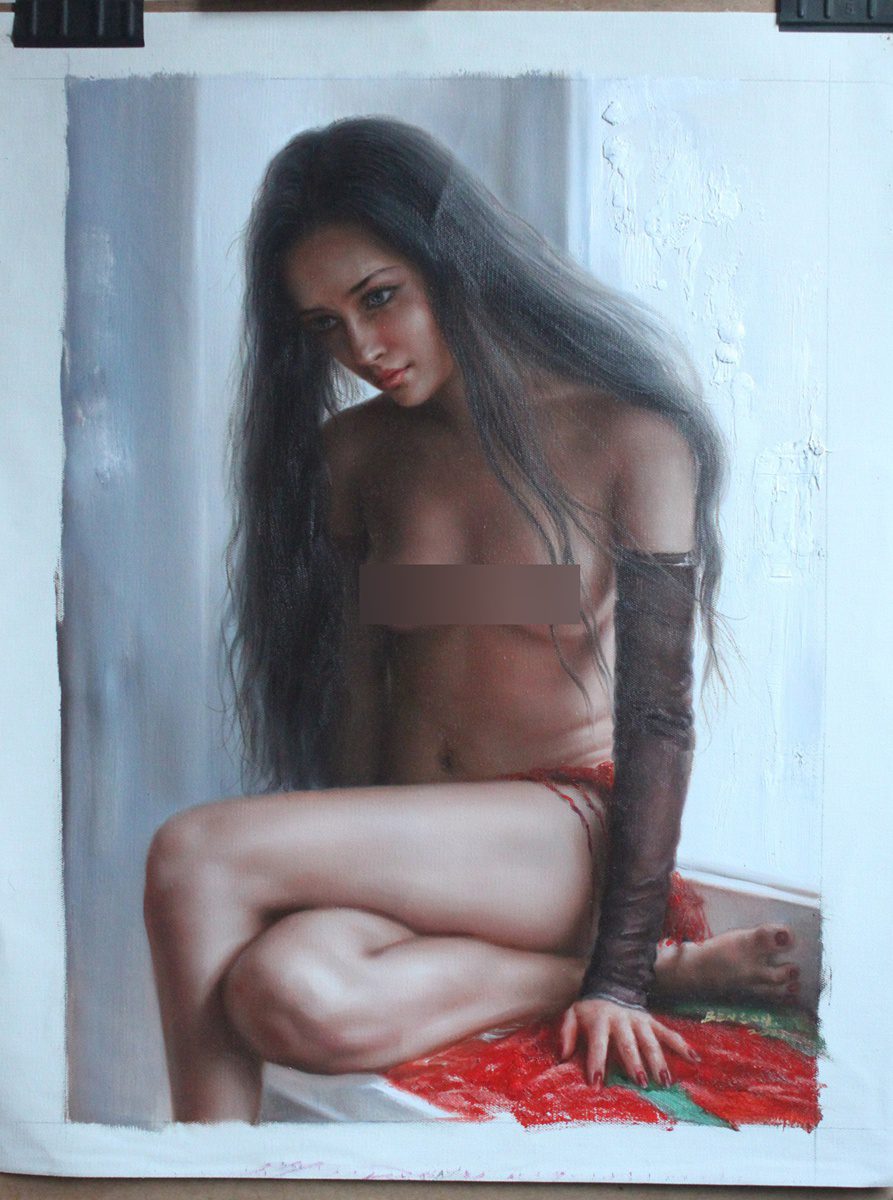 Female nude original oil painting Mexican girl great figure 51 x 71 cm