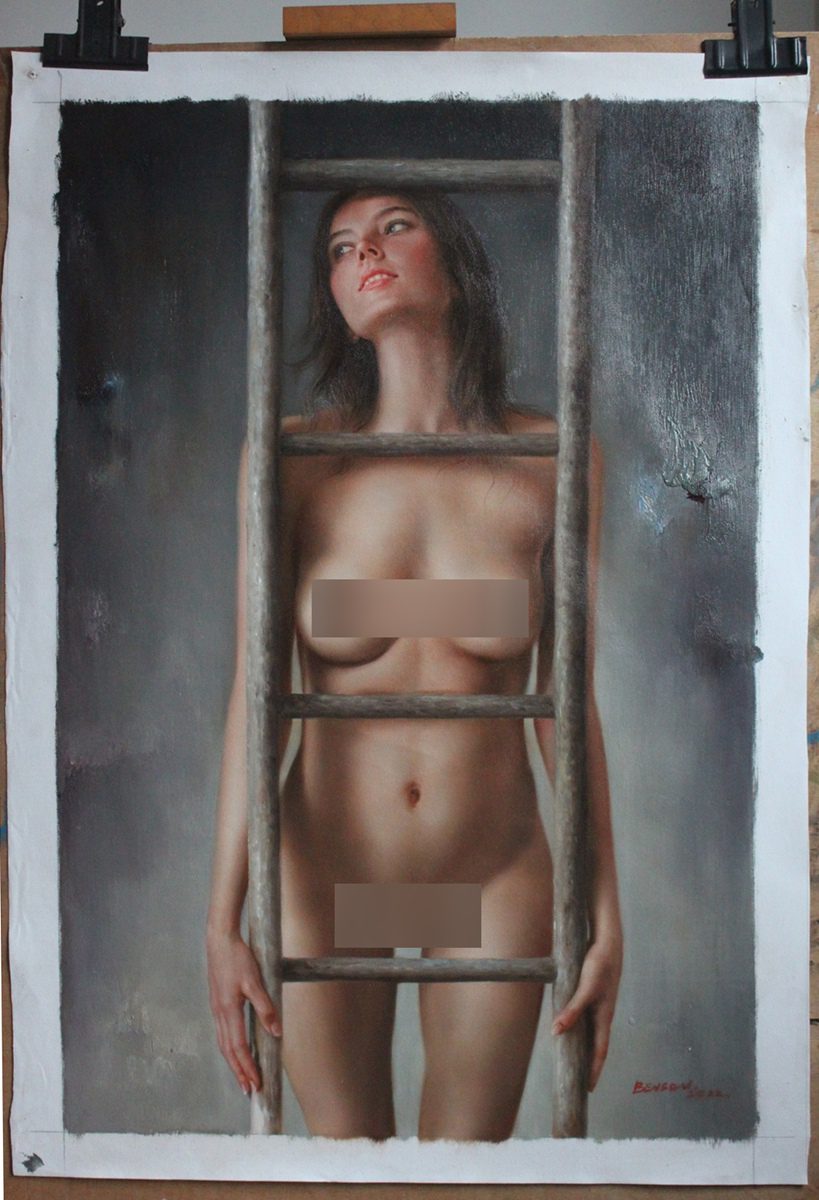 Charming nude canvas painting female nude original oil on canvas girl climbing a ladder 61 x 91 cm，100% hand-painted exactly as described.