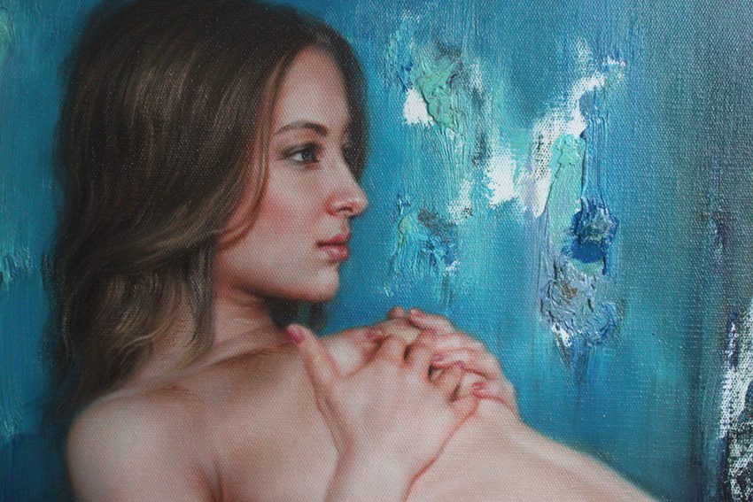 female nude art original oil painting on canvas beauty girl in blue