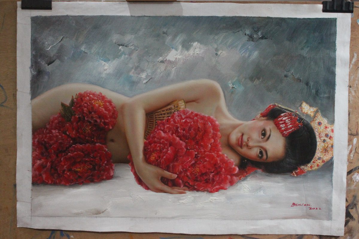 Oriental beauty lady with flower original oil painting