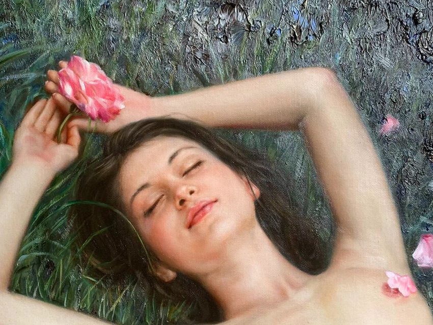 Erotic fine art Beauty lady lying on the glass 61X91cm oil on canvas