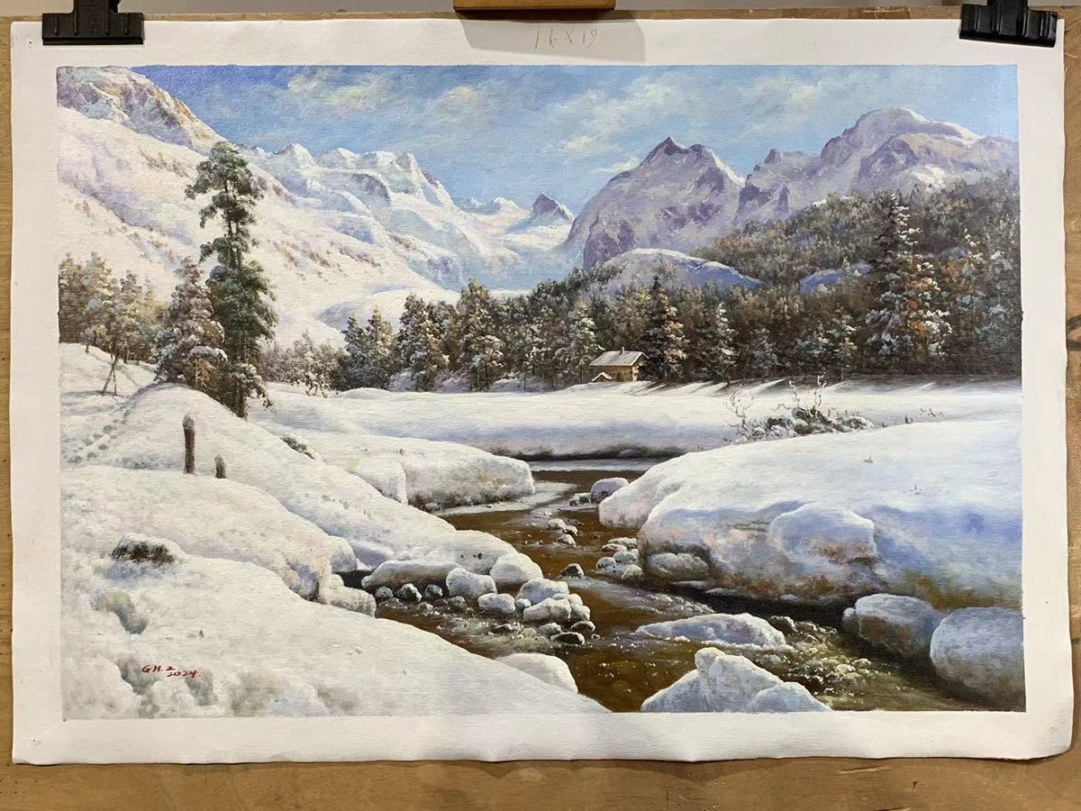 Reproduction Peder Mork Monsted snow landscape oil painting on canvas 61 x 91 cm