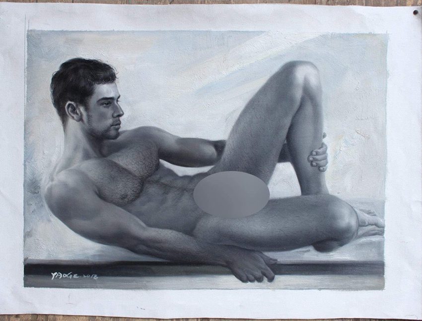 original male nude painting lying men 20"x 28" oil on canvas