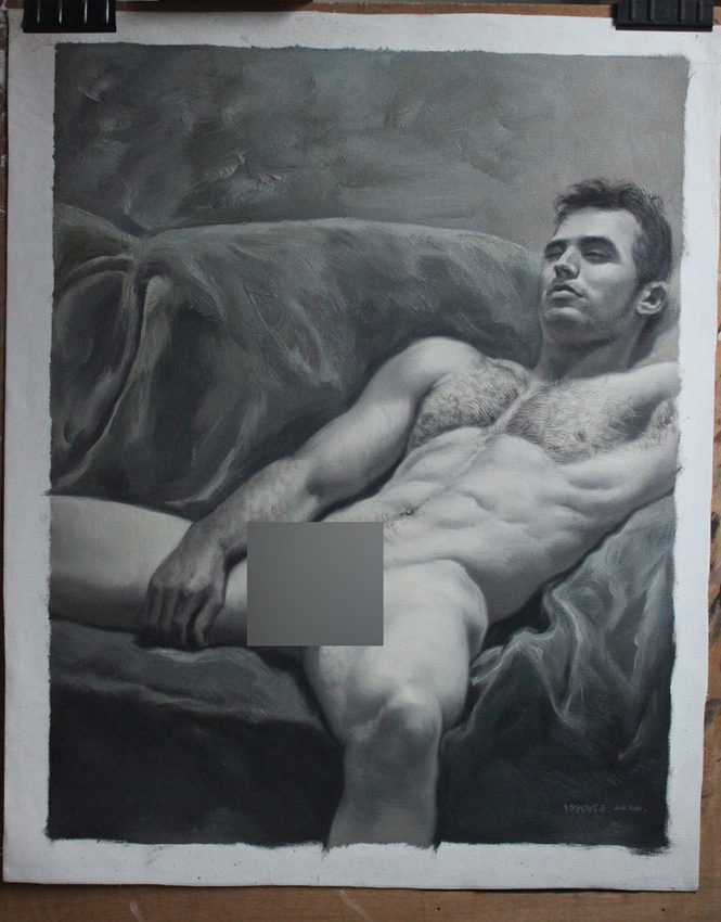 black and white painting sleeping nude male handsome men 24"x 32"