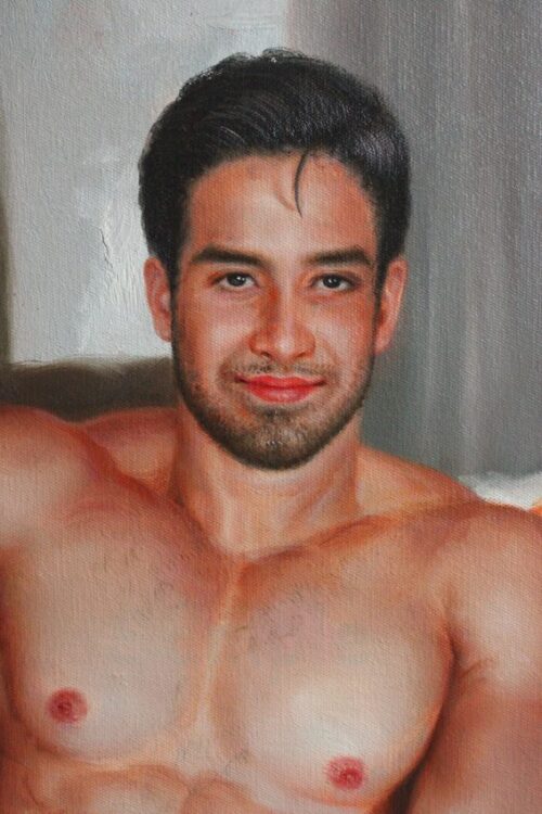 male body art painting men sitting in sofa