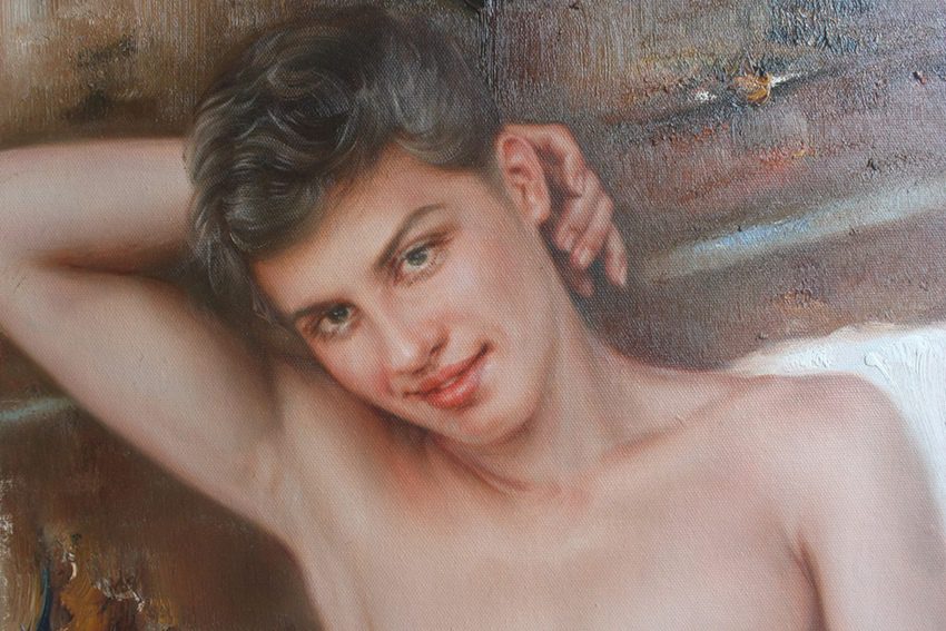 contemporary figurative oil painting sitting young men