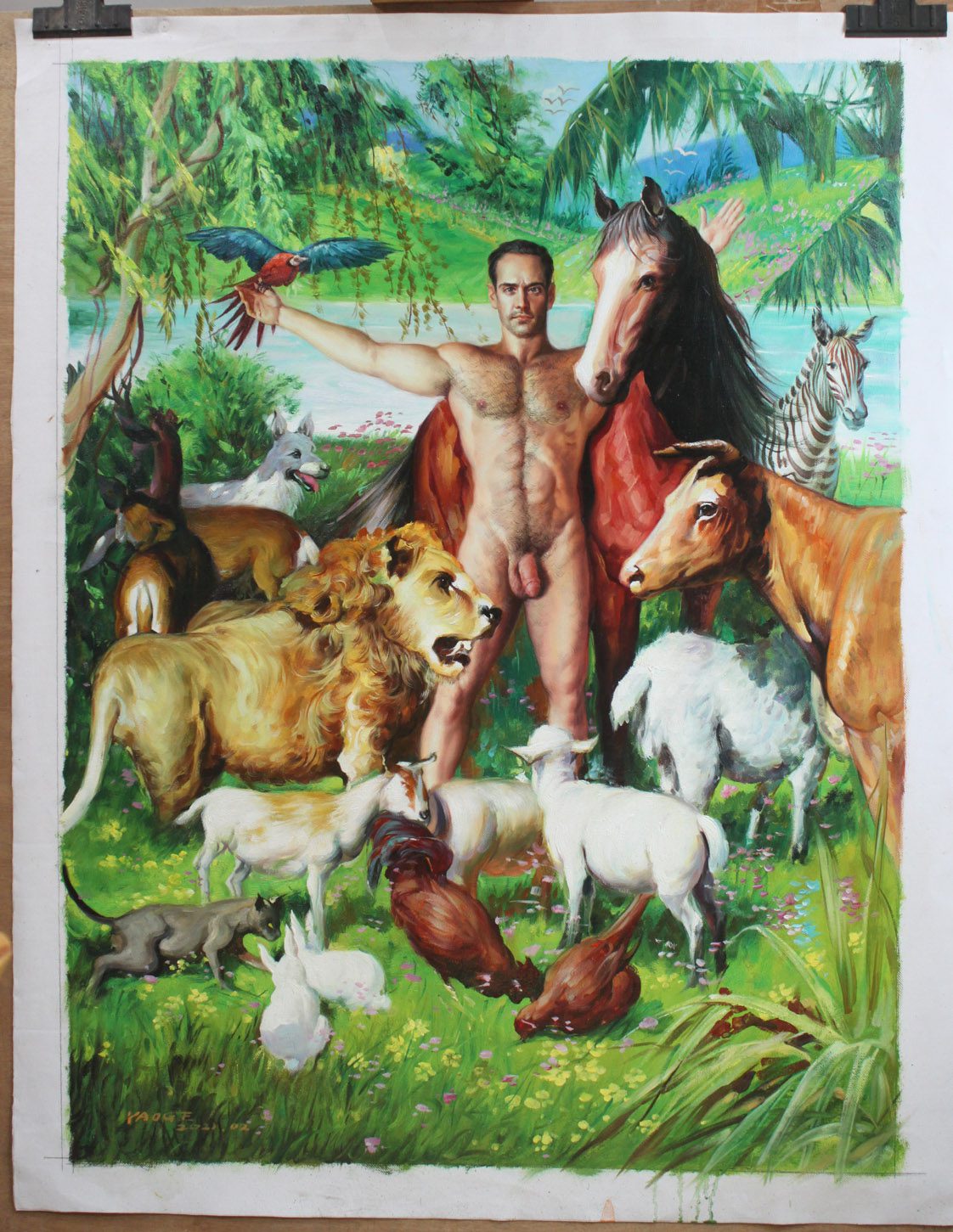 Reproduction male nude oil painting men in forest with animals 30"x40",100% hand-painted oil on canvas exactly as described.