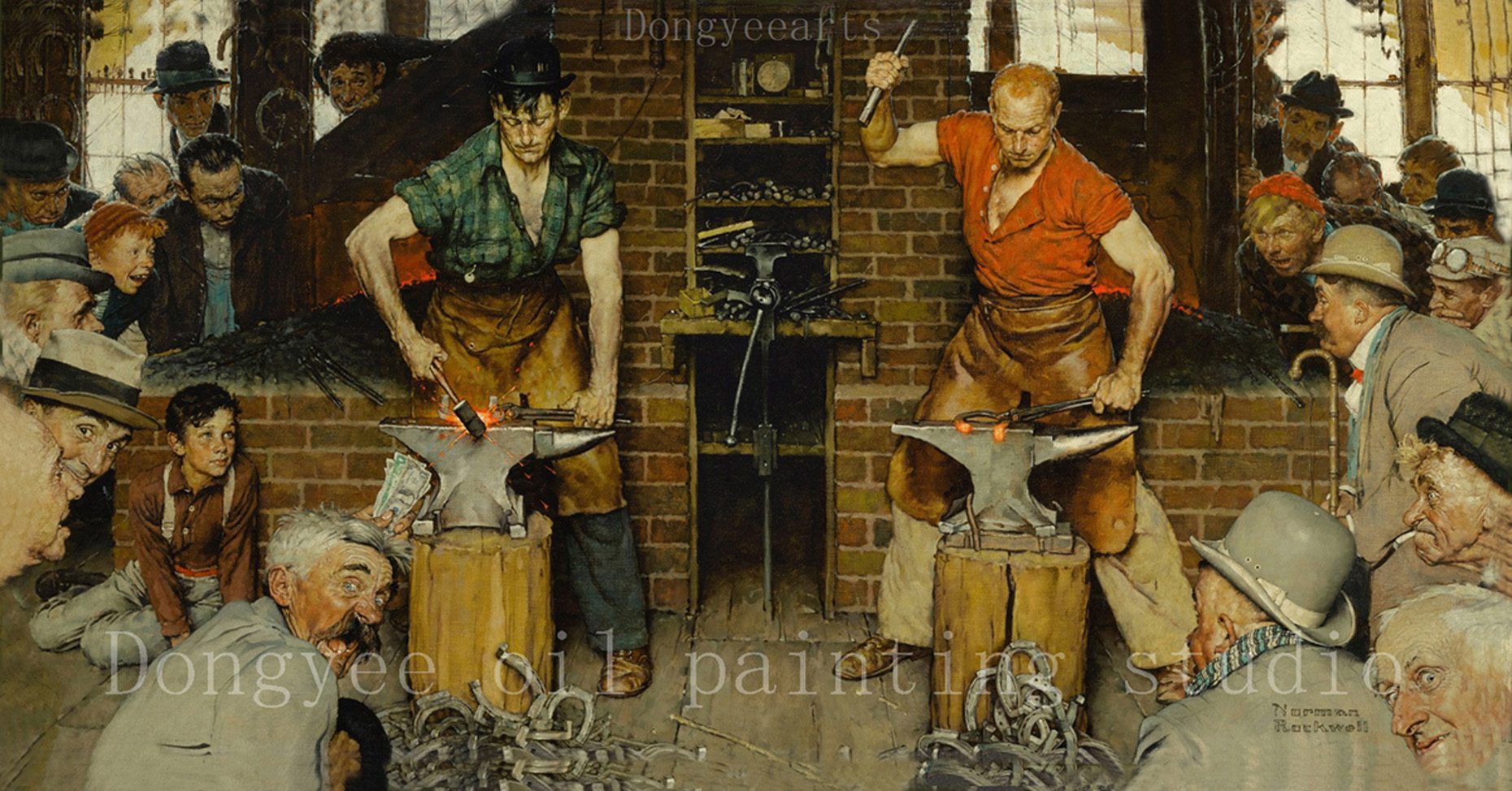 Blacksmith's boy canvas transfer of Norman Rockwell oil painting.
