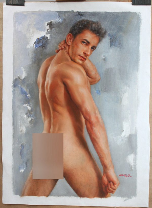 male nude back original oil on canvas artwork