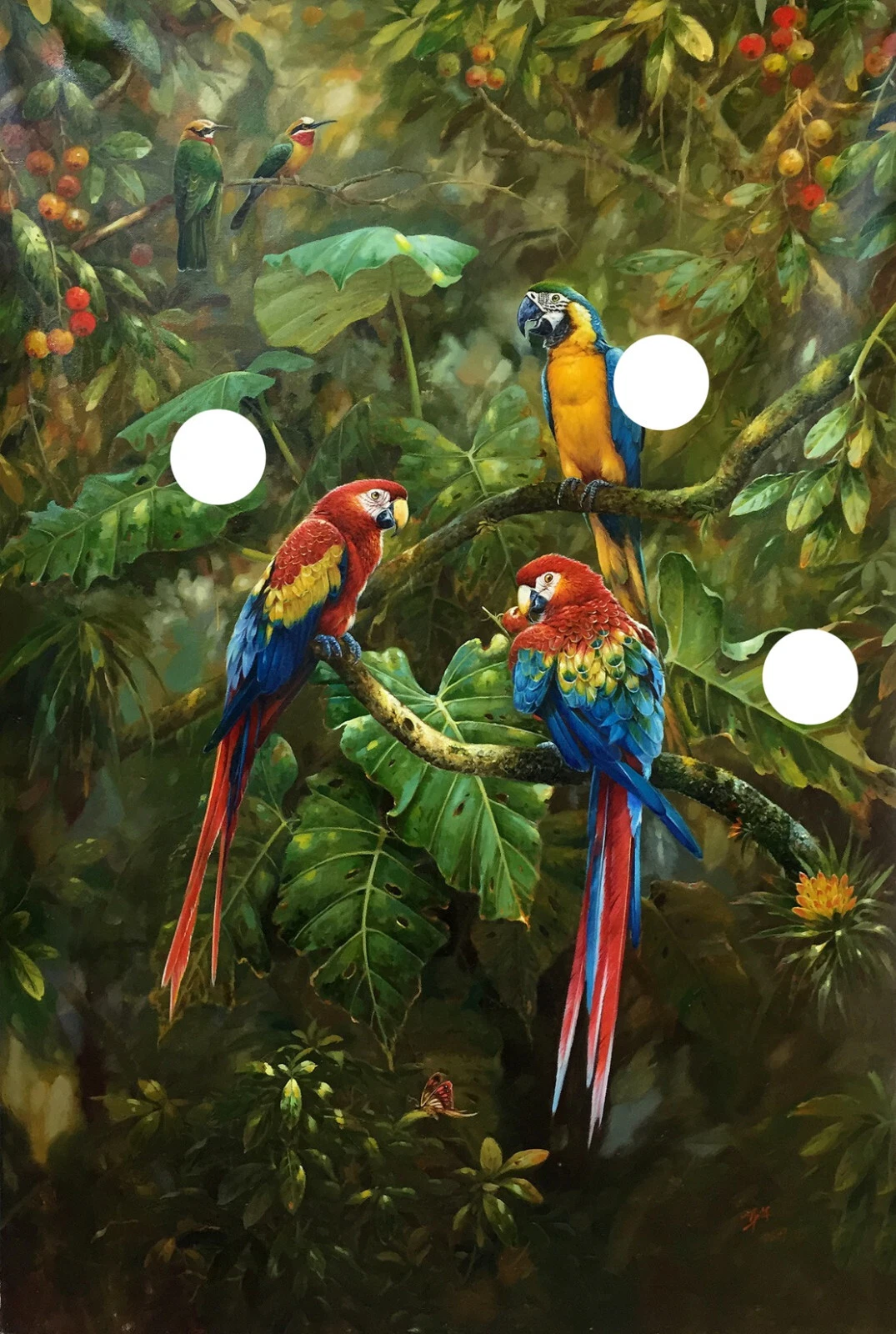 Original canvas transfer hand paint animal painting parrots in forest wall art prints.