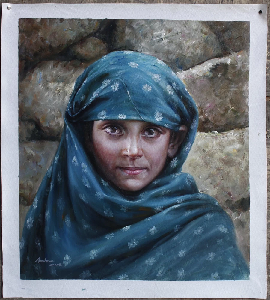 Art sale original oil painting pretty young Afghan girl Wearing a blue scarf 51x61cm