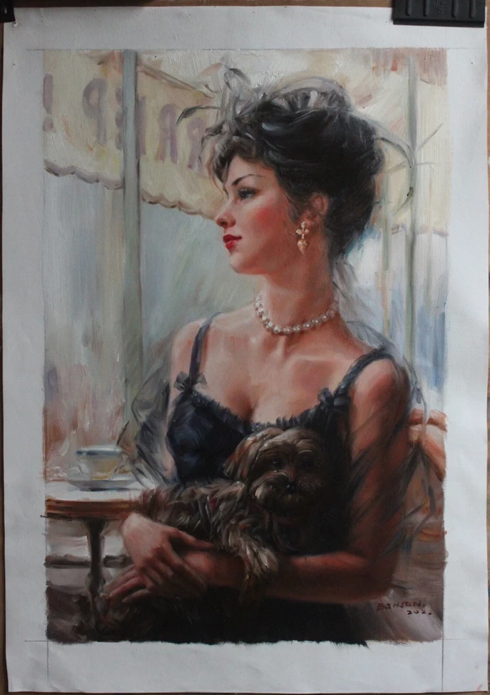Modern art oil on canvas modern art beauty lovely girl with a dog 16"x24"