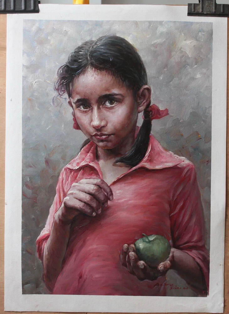 Artwork sale original oil painting portrait of Nepali girl with green apple 41x61cm.