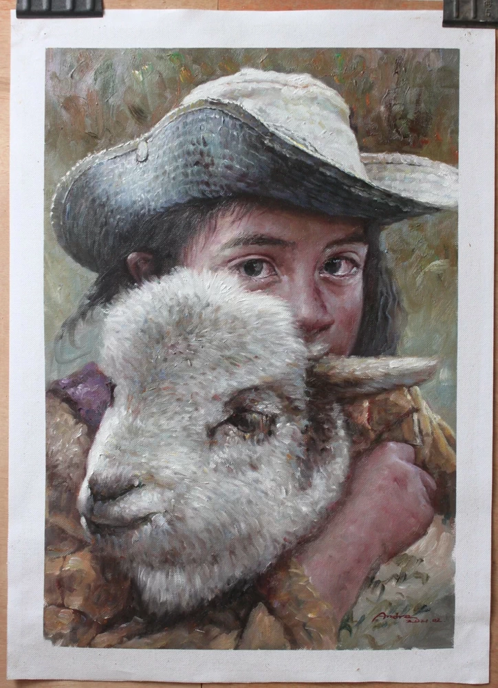 Fine art original oil on canvas portrait of Tibetan girl holding a sheep 41x61cm.hand-painted original oil on canvas exactly as described.