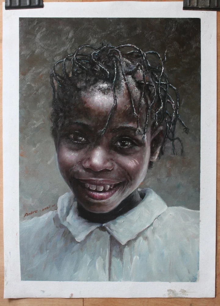 Fine art original oil painting portrait African smiling girl wearing braids 41x61cm.hand-painted original oil on canvas exactly as described.