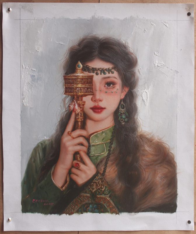 Tibetan young girl portrait original oil painting on canvas 20"x24"