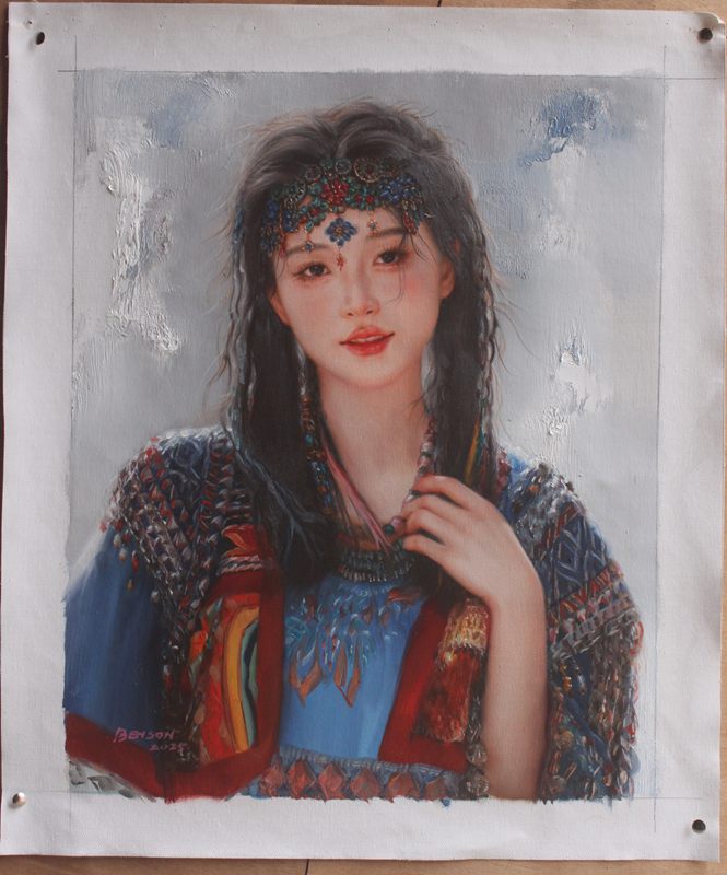 original oil painting on canvas charming Tibetan girl portrait 16"x20"