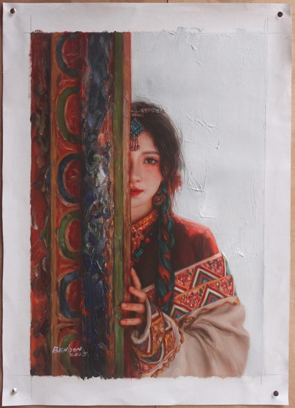 Portrait Tibetan beauty girl behind the door original oil painting on canvas 16"x20"