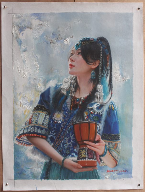 Portrait Tibetan beauty girl with Xizang tambourine original oil painting on canvas 20"x28".
