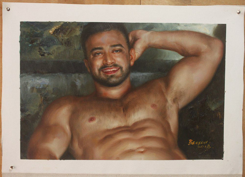 fine art male portrait 16"x24"  unique male nude oil painting