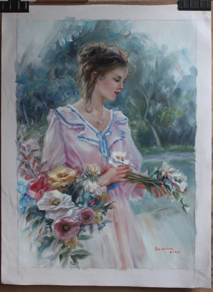 Modern art Repro Konstantin Razumov rare beauty girl picking flower oil painting on canvas 51x71cm 