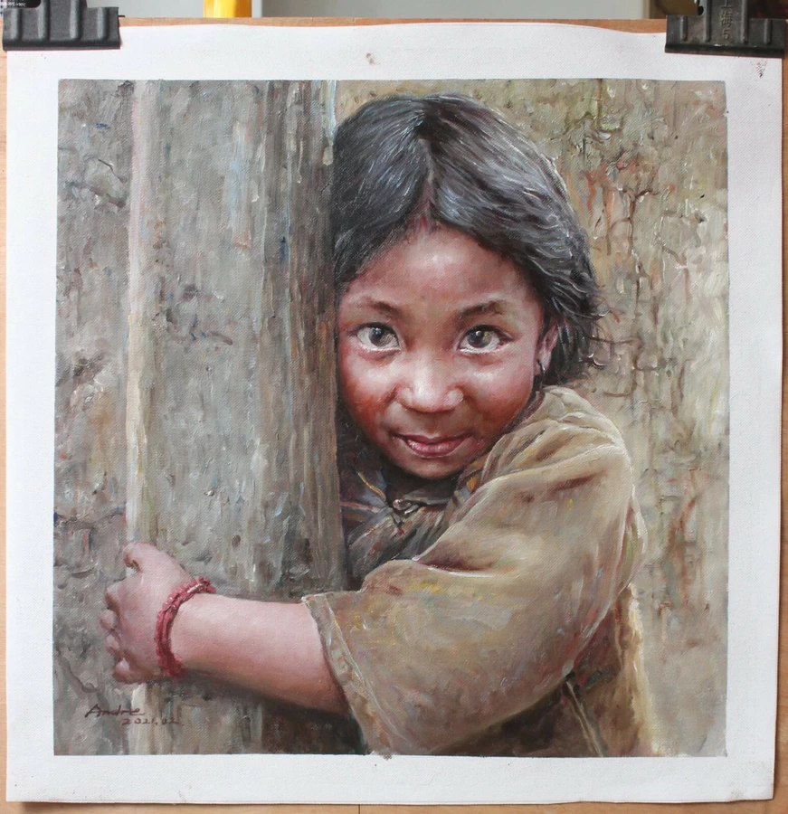 Original oil on canvas portrait of Afghan little girl fine art 51x51cm