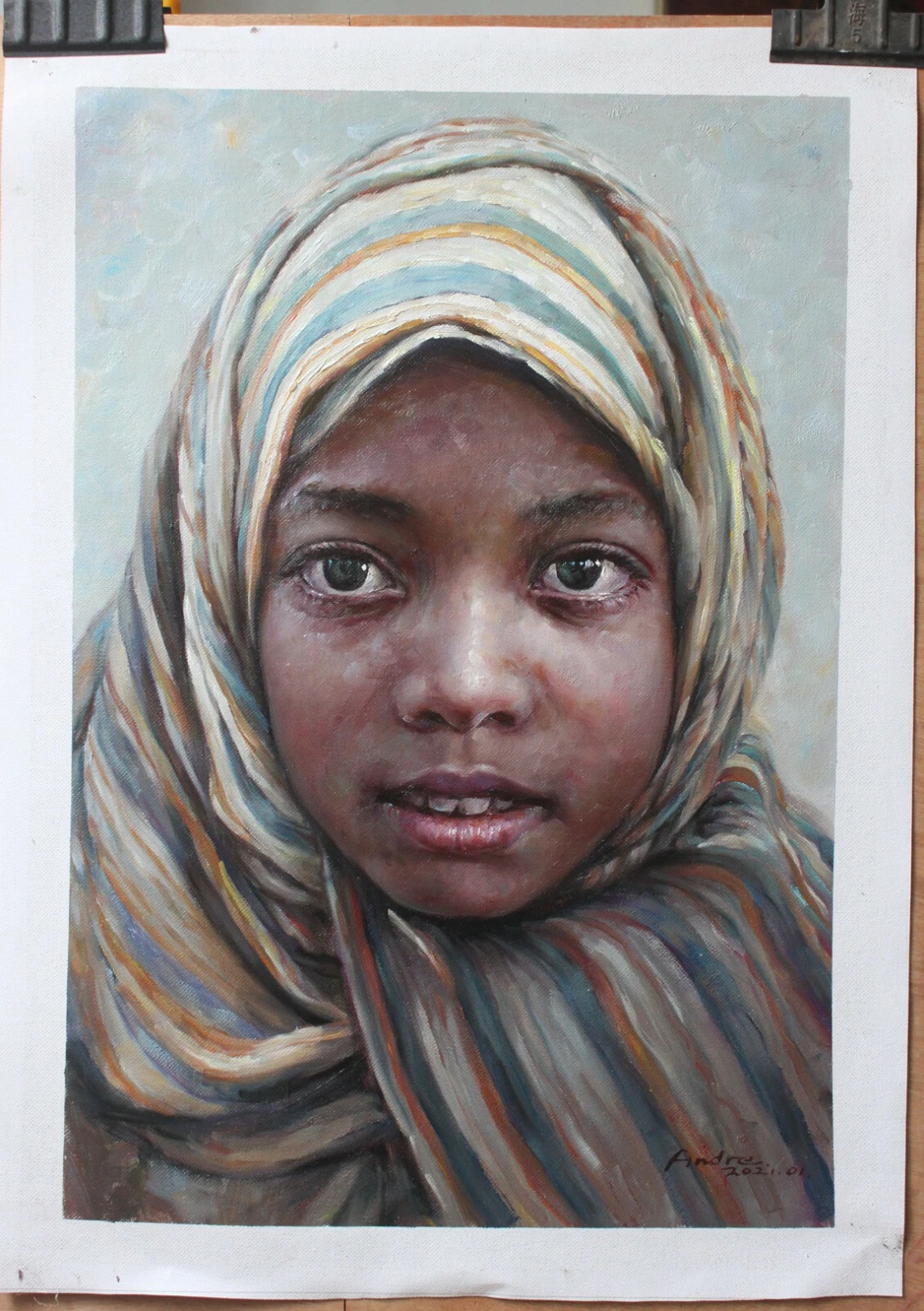 Original oil painting portrait of young girl in Village fine art signed 41x61cm