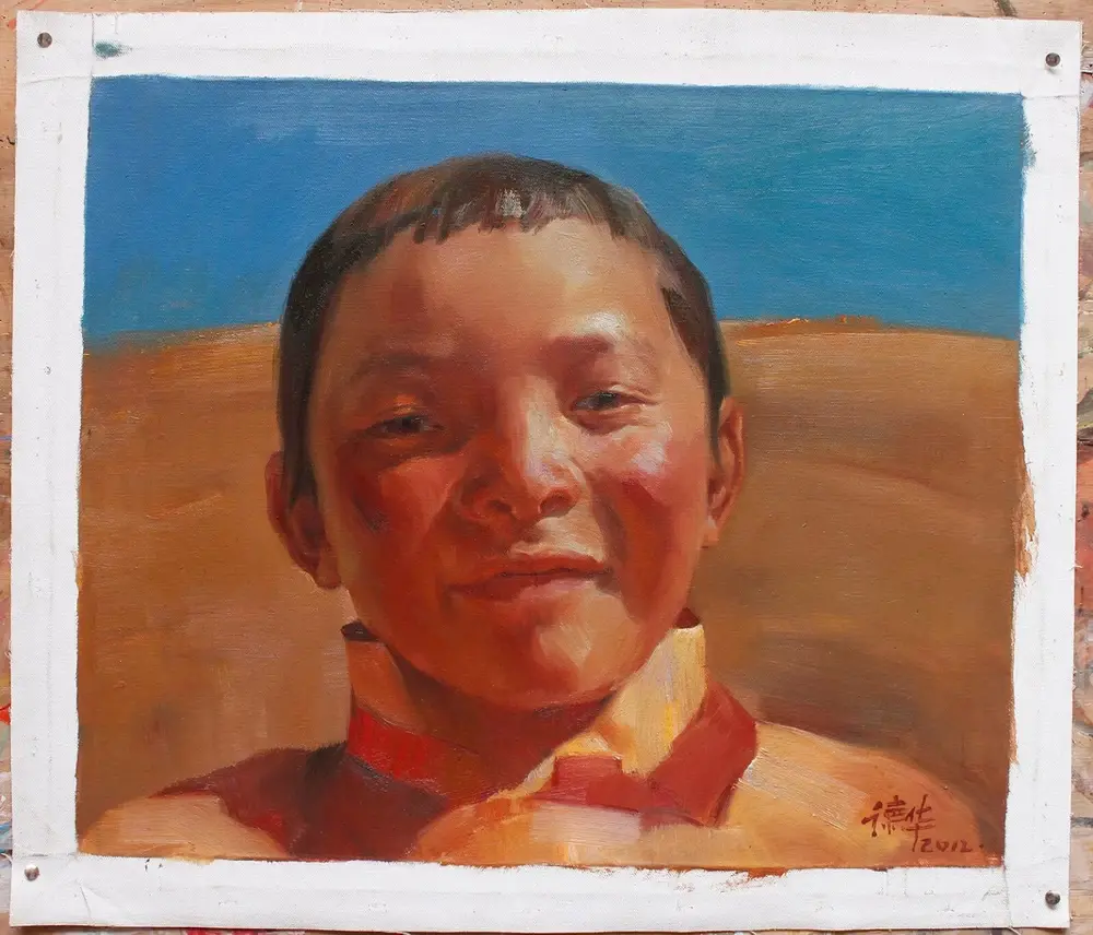 Original oil painting portrait Smiling Tibetan nomad boy 20“X24”