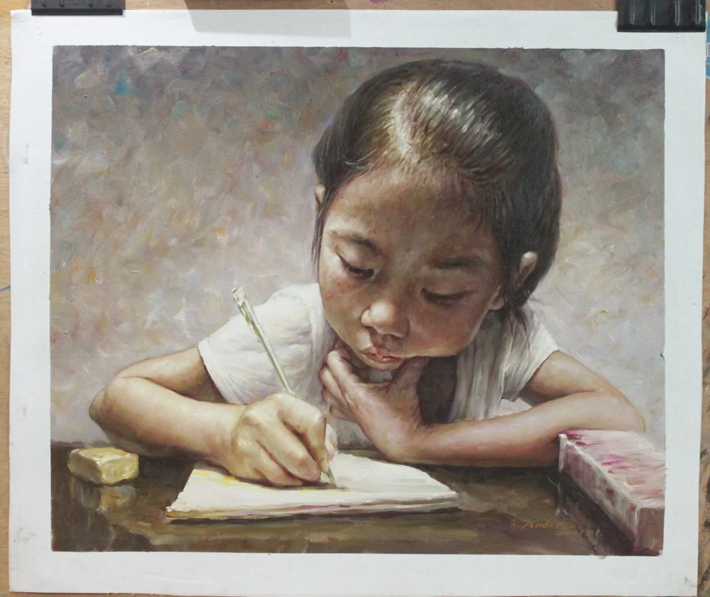 Original portrait oil painting Oriental young girl writing 51x61cm