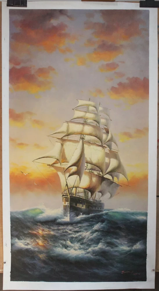 seascape oil painting on canvas sailing boat warship 24"x48"