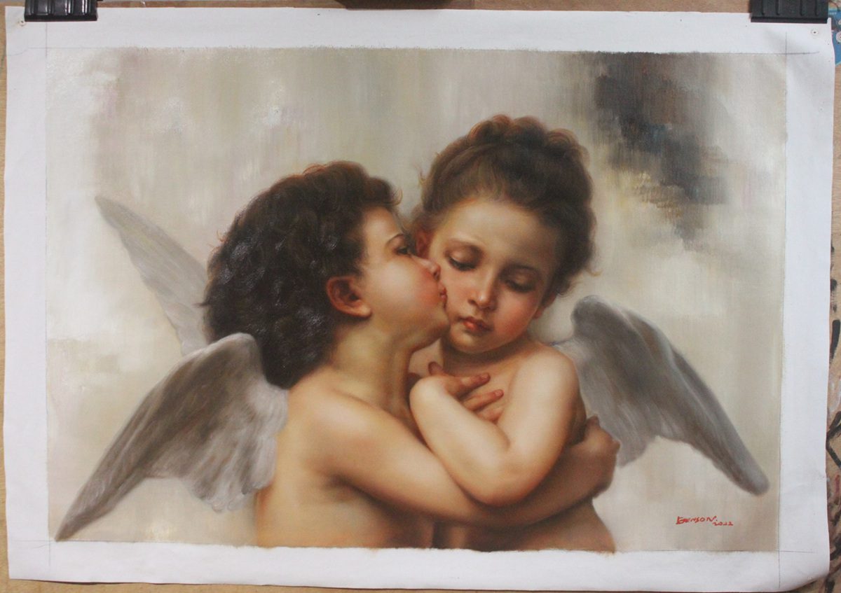 Repro oil on canvas William Bouguereau The First Kiss 24"x36"
