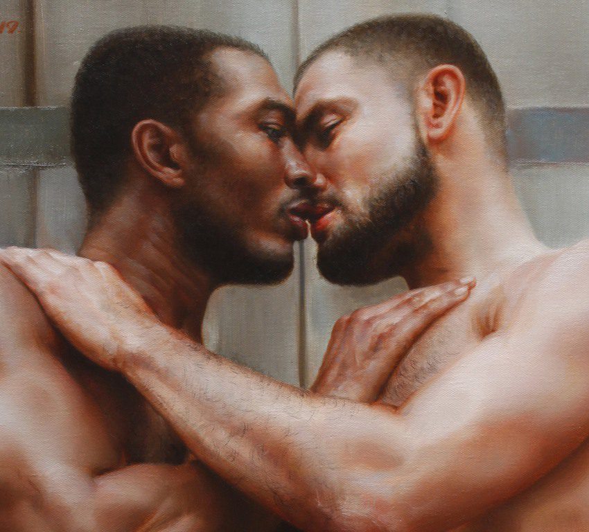 gay art print male nudes canvas print artwork,Perfect for collectors and art lovers seeking realistic and elegant figurative art.