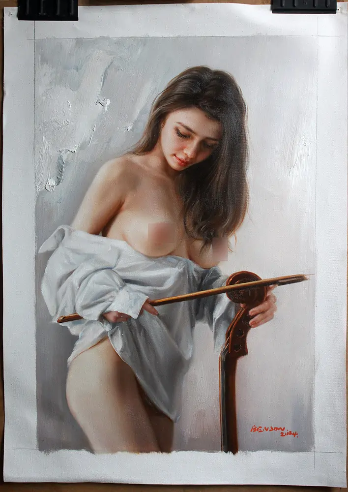 sensual oil artwork nude charming violinist girl original oil painting