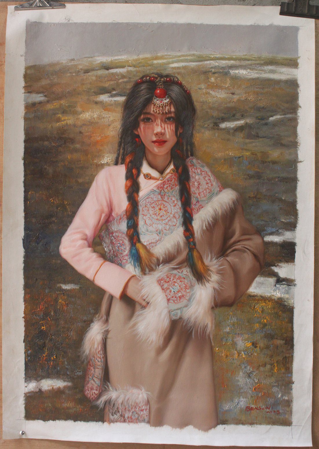 Portrait Tibetan nomad shepherdess beauty girl original oil painting on canvas 24"x36". hand-painted Tibet style exactly as described.