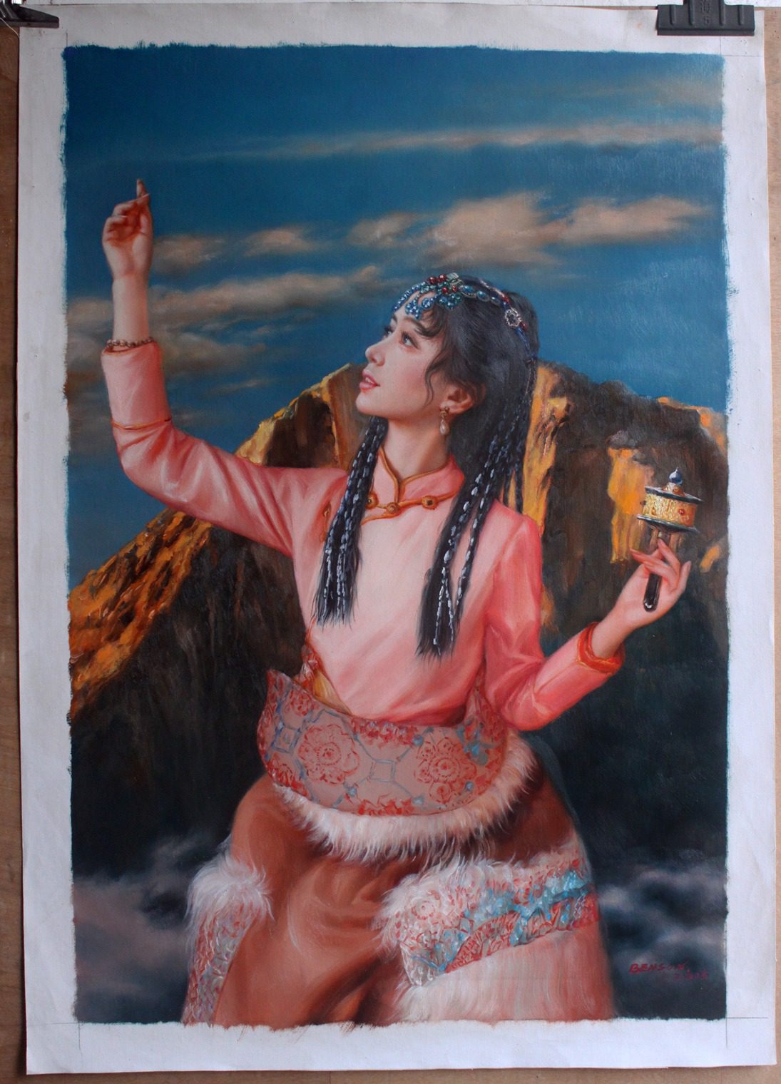 Portrait Tibetan girl in the Himalayas beauty girl original oil painting on canvas 24"x36". hand-painted Tibet style exactly as described.
