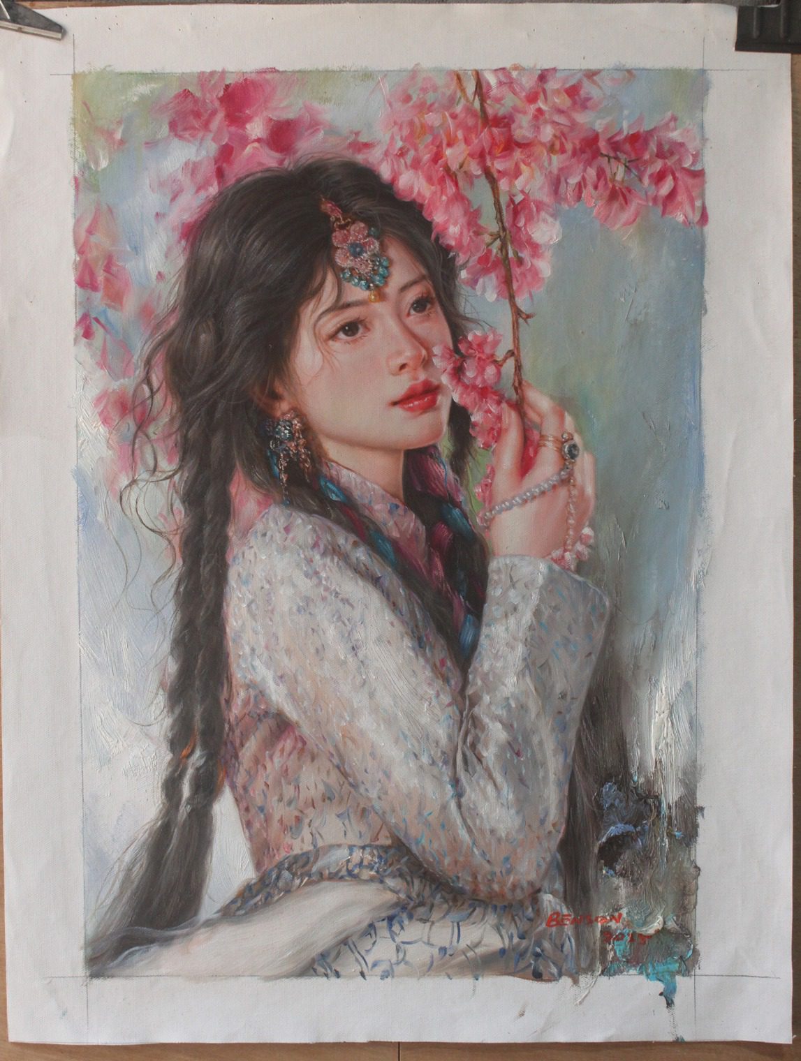 Portrait Tibetan beauty girl in flowers original oil painting on canvas 16"x24".