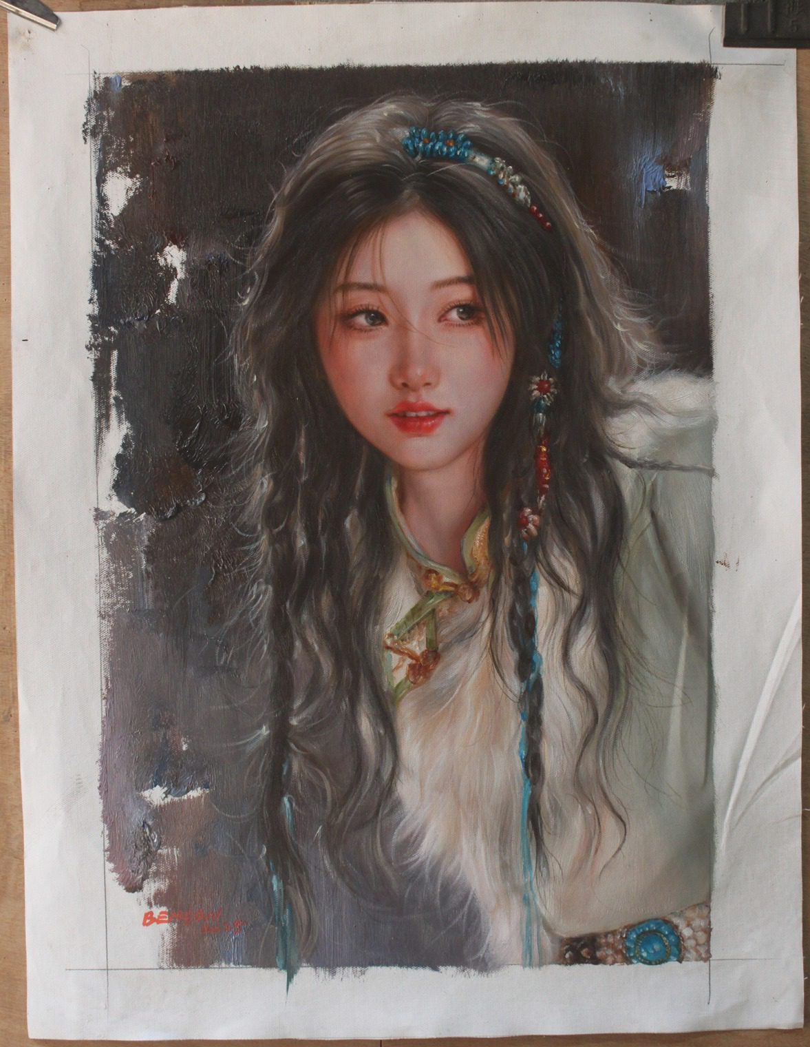 Discover a unique hand-painted portrait of Tibetan girl with big braid oil painting, perfect for any art lover. 100% original on canvas, by Dongyeearts.