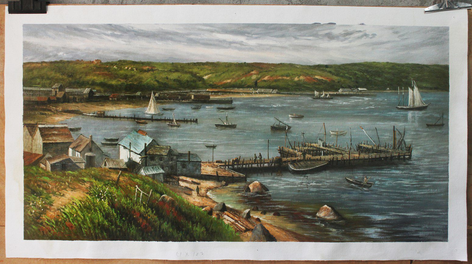 landscape Fishing Village oil on canvas after Harry Shokler 20″ x 40″,100% hand-painted as described photo .
