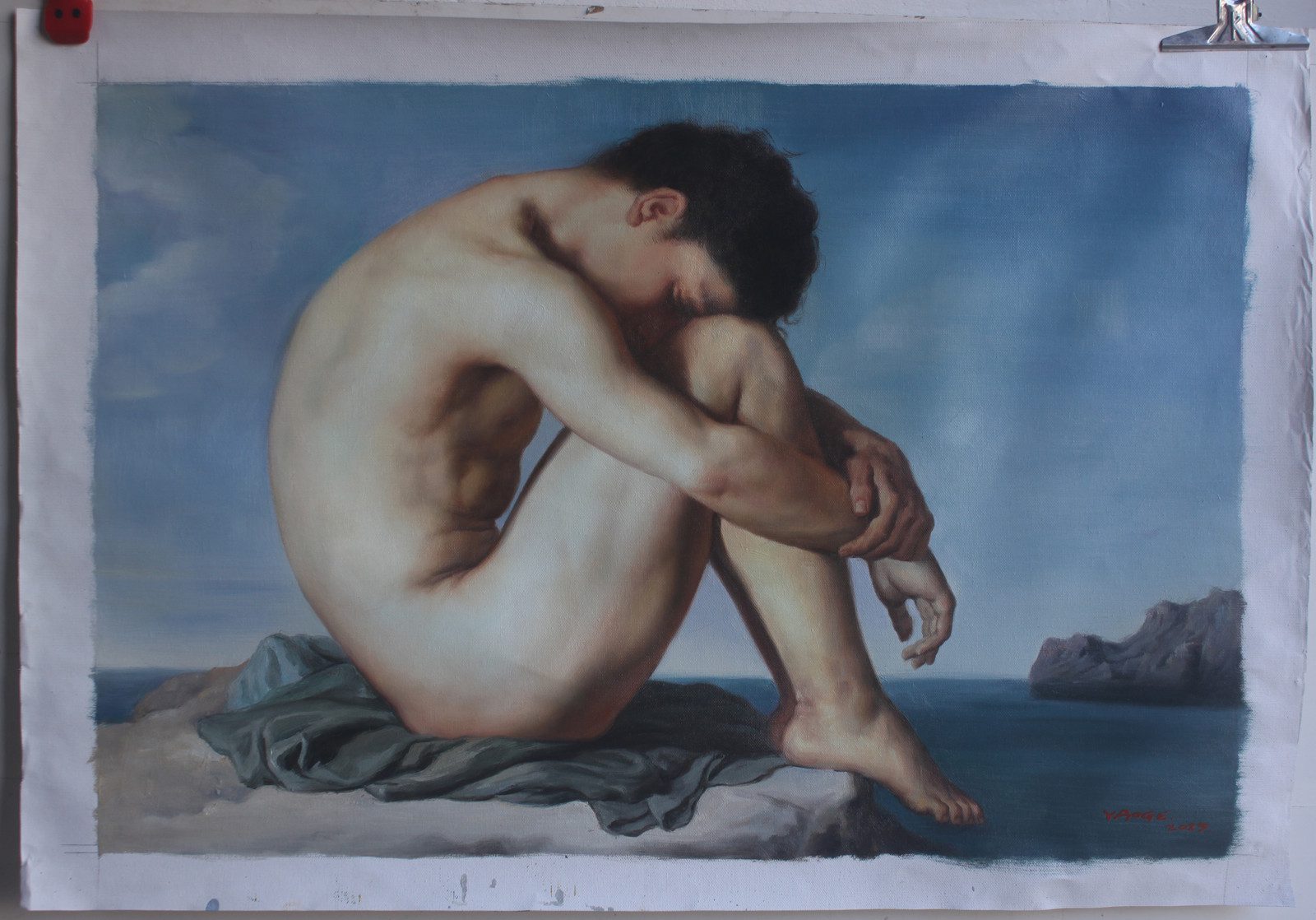 Discover oil on canvas Jean-Hippolyte Flandrin nude young man sitting by the sea oil on canvas 24″x36″. 100% hand-painted exactly as described.