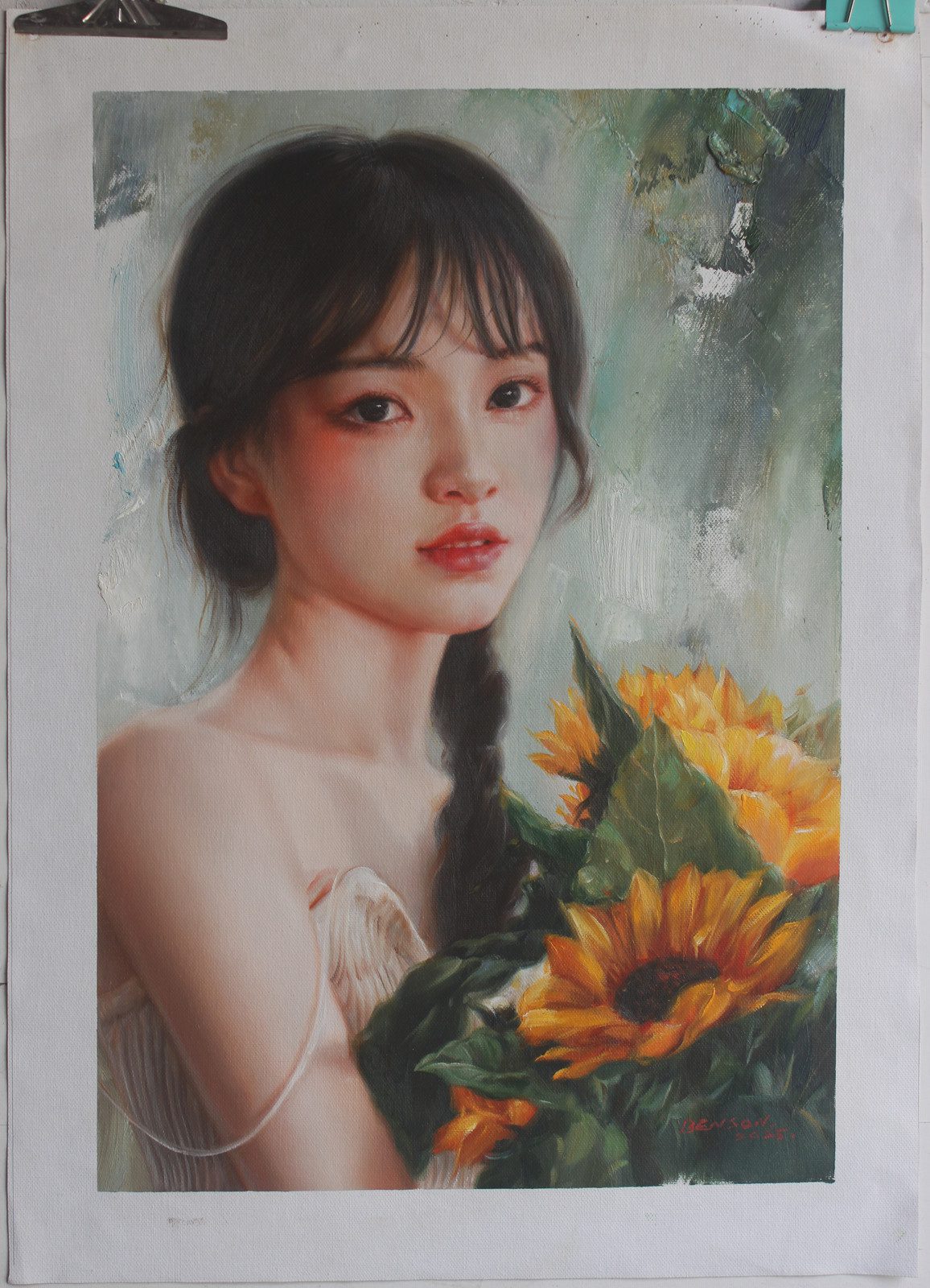 Art sale portrait beauty Oriental girl with flower original oil on canvas 16″x24″from Dongyeearts. 100% hand-painted exactly as described.