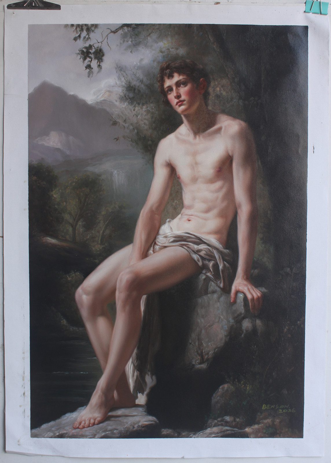 male nude art sale sitting young man oil painting on canvas 24″x36″ from Dongyeearts. 100% hand-painted exactly as described.